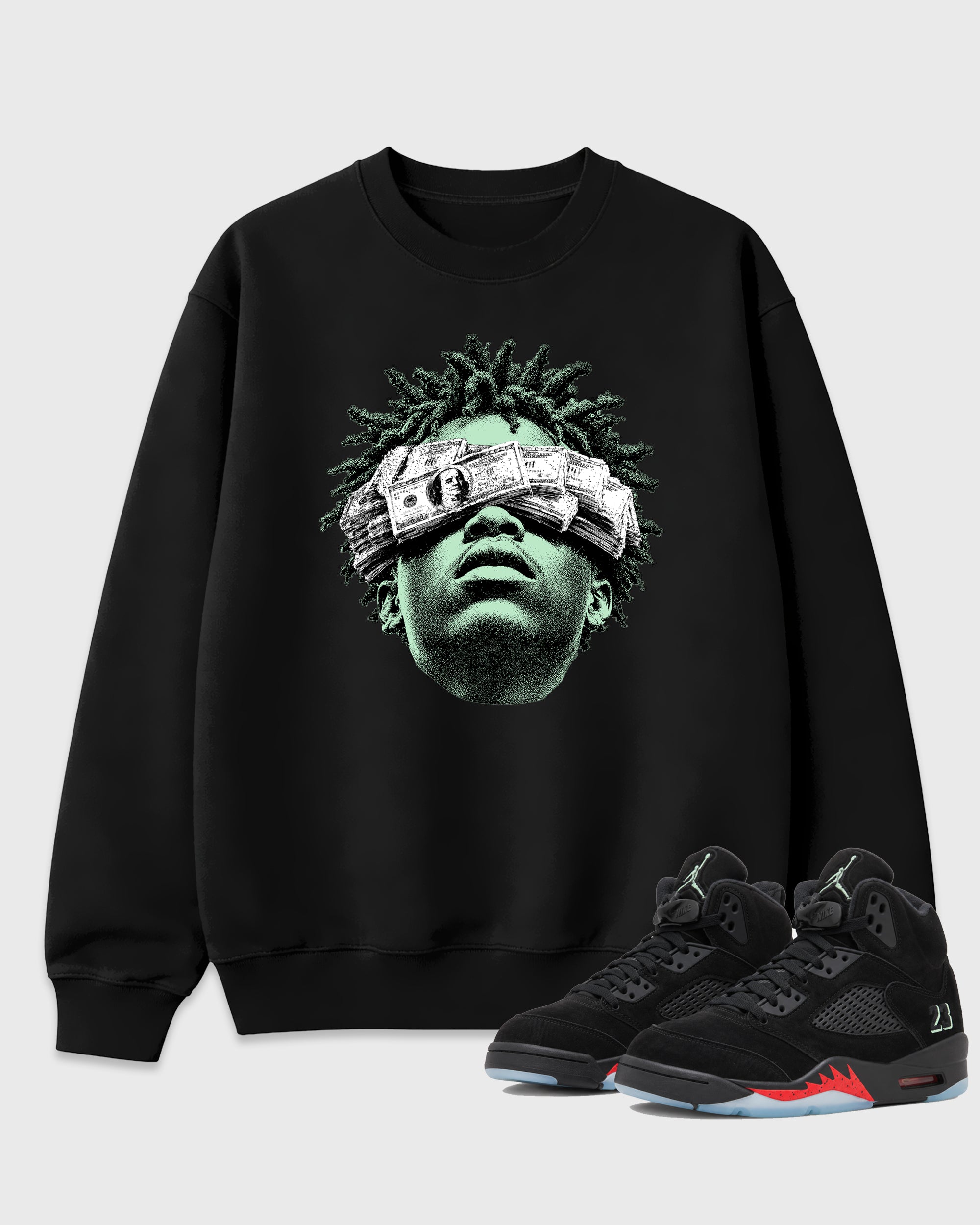 Money Stacking Black Graphic Sweatshirt - 3, a graphic streetwear sweatshirt inspired by Air Jordan 5 Halloween sneakers for an easy coordinated sneaker fit.