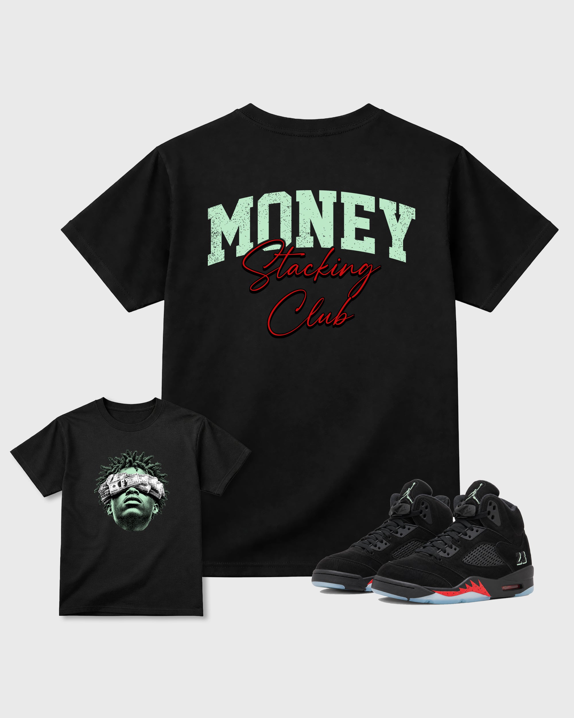 Money Stacking Black Graphic T-Shirt - 1, sneaker matching tee designed to match Air Jordan 5 Halloween sneakers for a coordinated sneaker outfit.