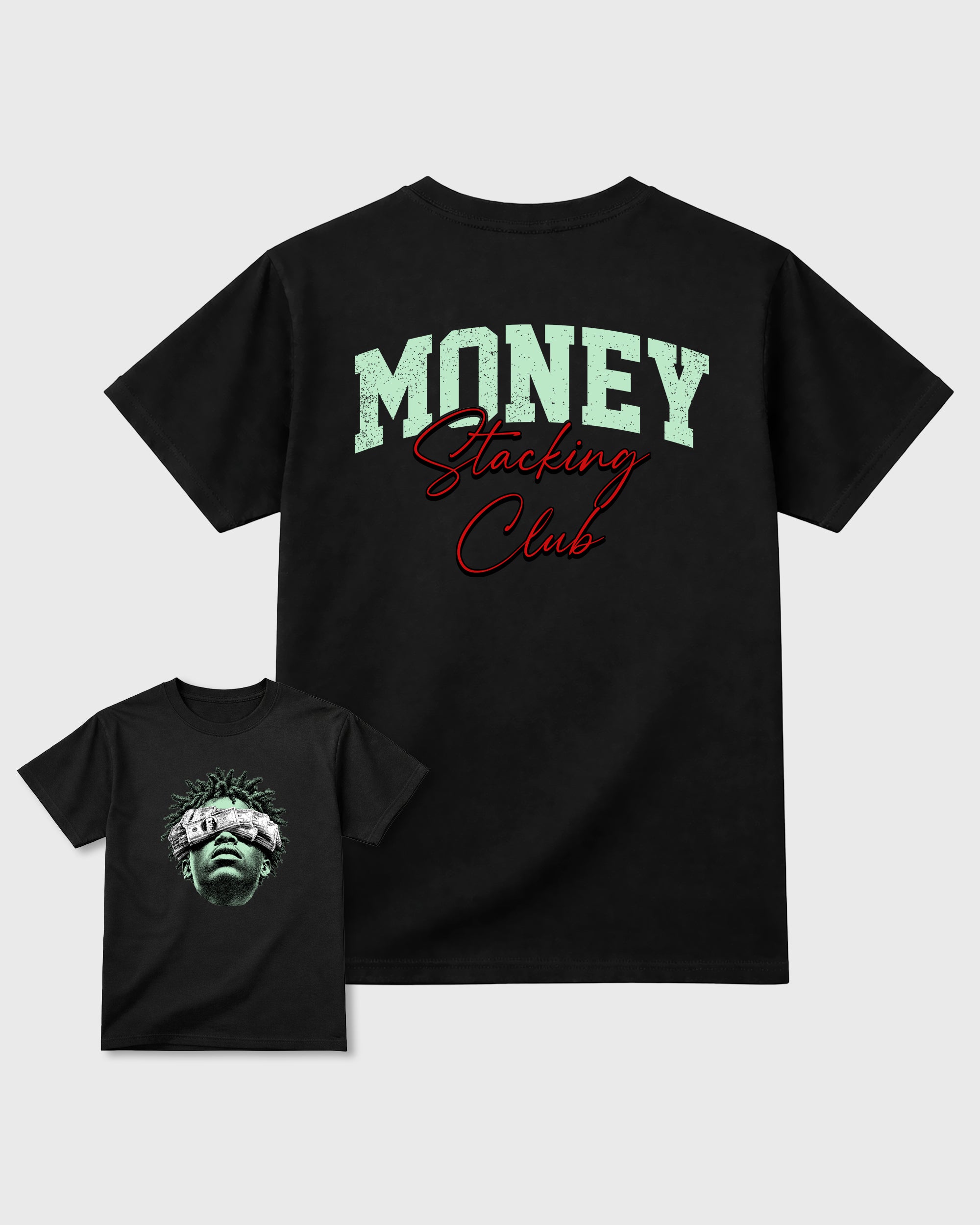 Money Stacking Black Graphic T-Shirt - 3, sneaker matching shirt designed to pair with Air Jordan 5 Halloween sneakers for a coordinated streetwear outfit.
