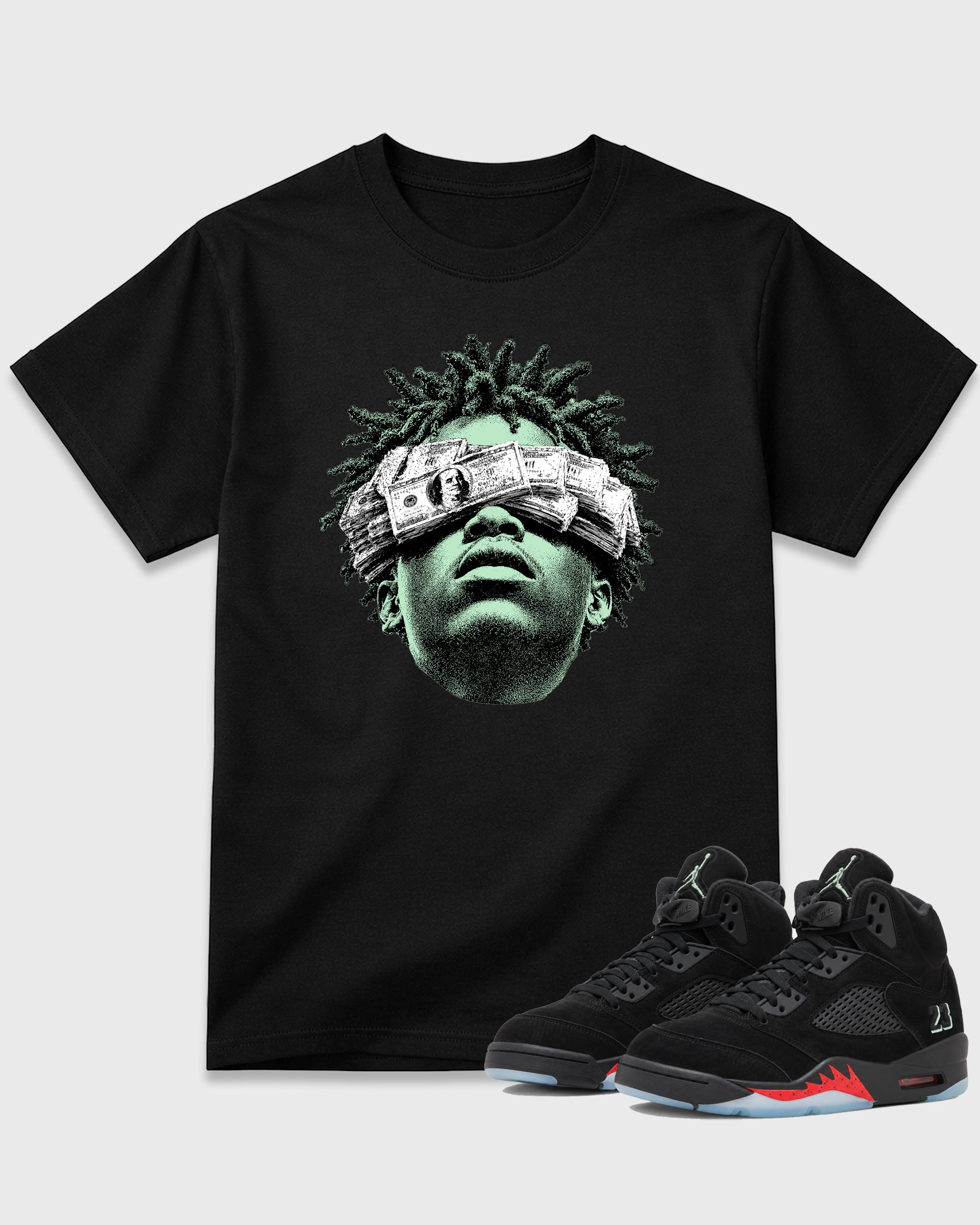 Money Stacking Black Graphic T-Shirt - 3, sneaker matching shirt designed to pair with Air Jordan 5 Halloween sneakers for a coordinated streetwear outfit.