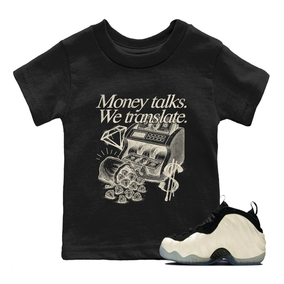 Sneaker Threads – Sneaker Tees To Match Air Foamposite One Pearl – Money Talks We Translate Youth Graphic Tee Black 1. Perfect for Jordan releases 2025 colorways.