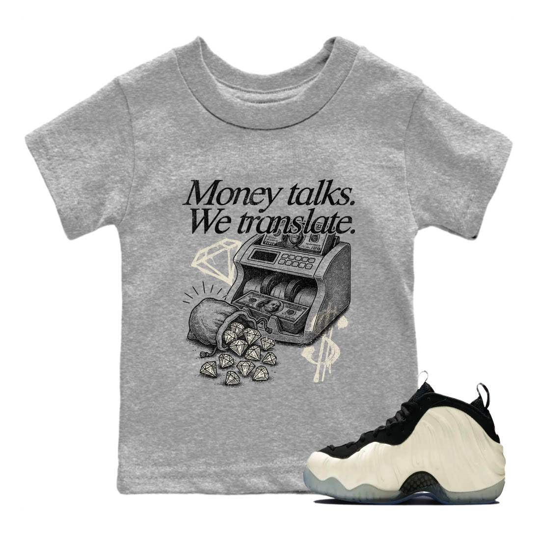 Sneaker Threads – Sneaker Tees To Match Air Foamposite One Pearl – Money Talks We Translate Youth Graphic Tee Heather Grey 1. Perfect for Jordan releases 2025 colorways.