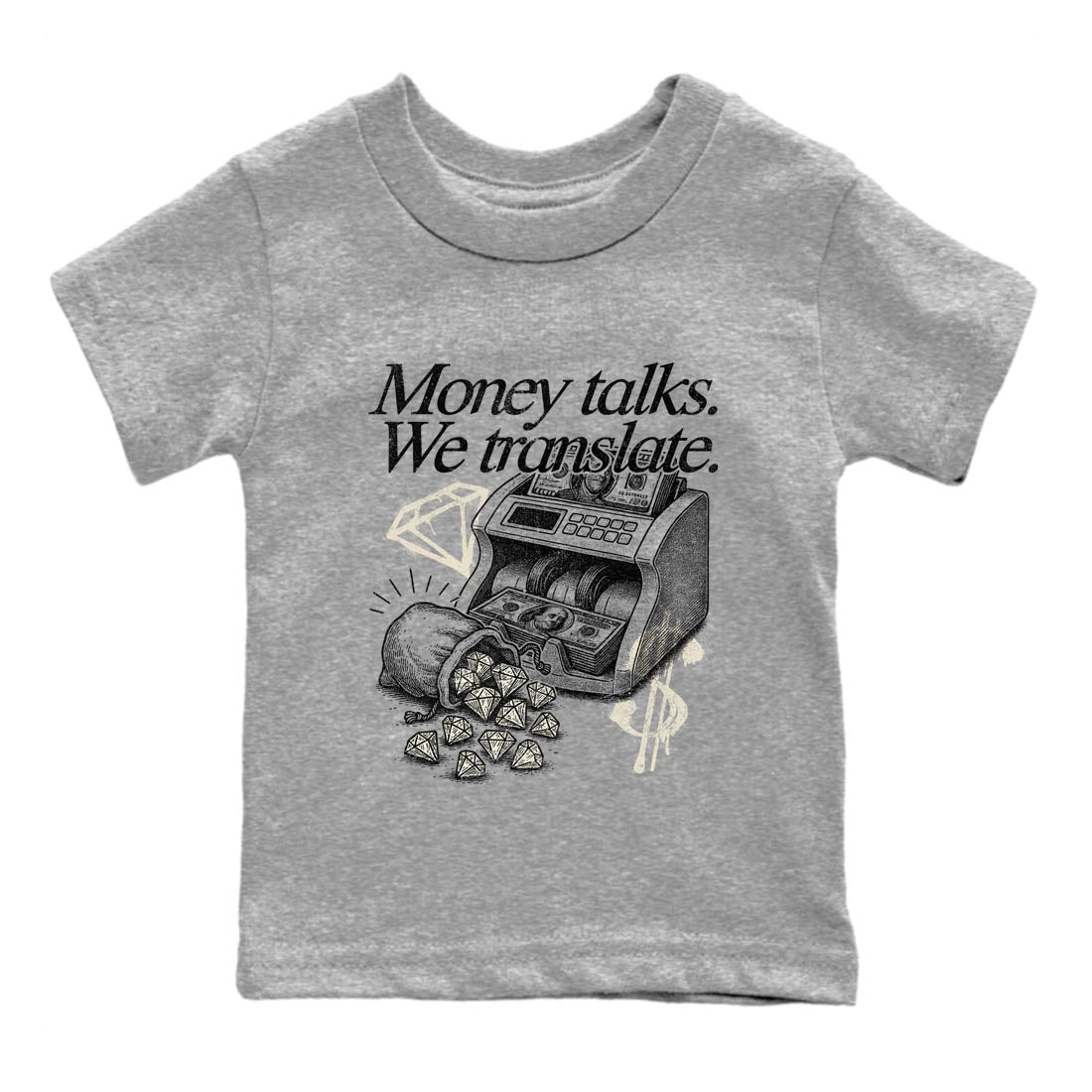 Sneaker Threads – Sneaker Tees To Match Air Foamposite One Pearl – Money Talks We Translate Youth Graphic Tee Heather Grey 2. Perfect for Jordan releases 2025 colorways.
