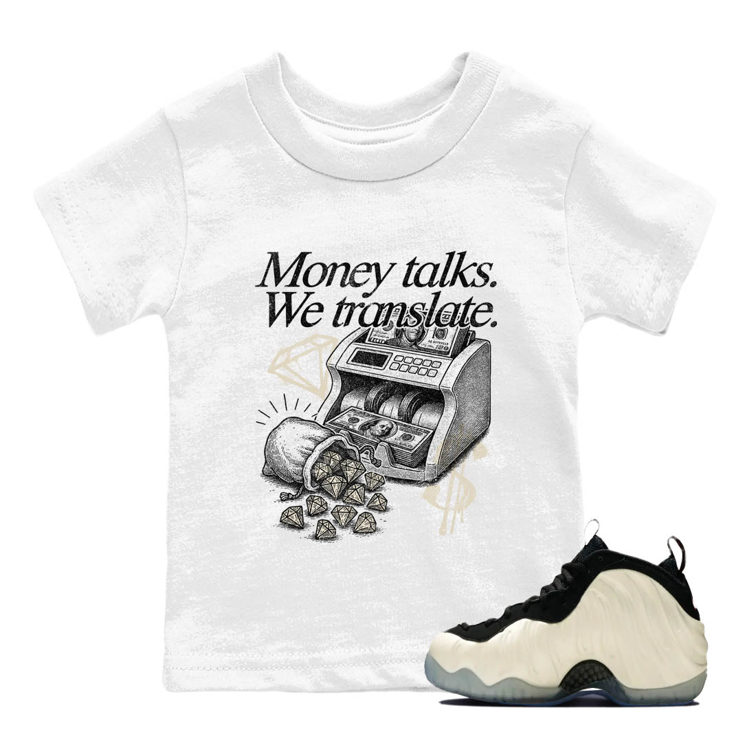 Sneaker Threads – Sneaker Tees To Match Air Foamposite One Pearl – Money Talks We Translate Youth Graphic Tee White 1. Perfect for Jordan releases 2025 colorways.