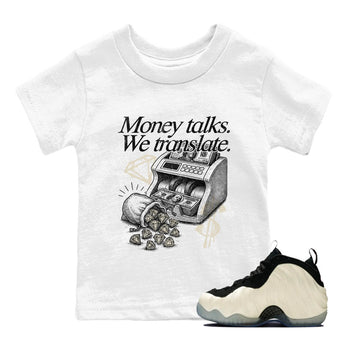 Sneaker Threads – Sneaker Tees To Match Air Foamposite One Pearl – Money Talks We Translate Youth Graphic Tee White 1. Perfect for Jordan releases 2025 colorways.