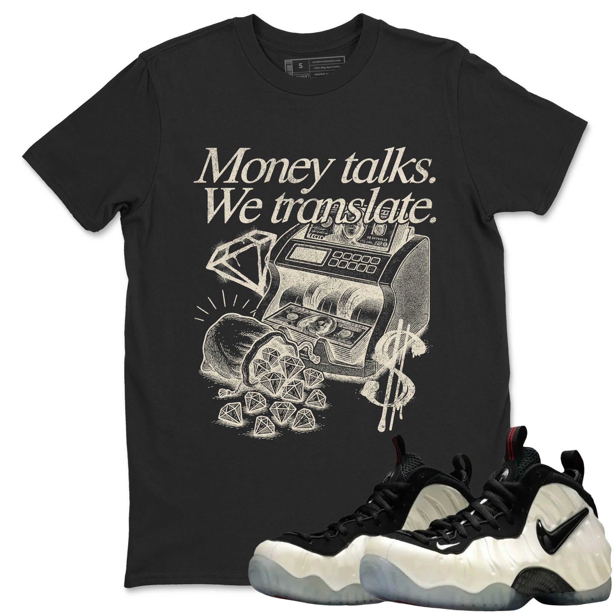 Sneaker Threads – Sneaker Tees To Match Air Foamposite One Pearl – Money Talks We Translate Graphic Tee Black 1. Perfect for Jordan releases 2025 colorways.