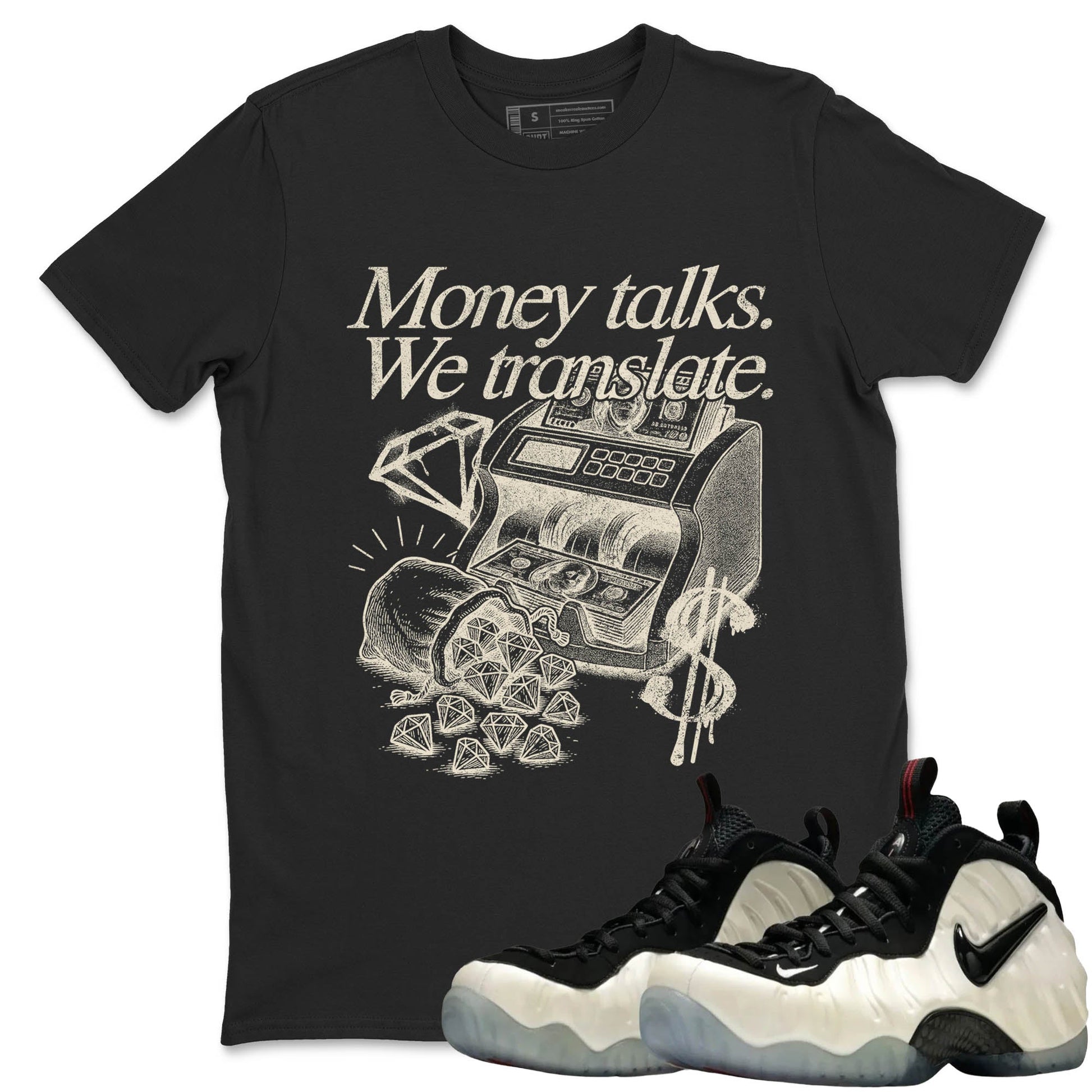 Sneaker Threads – Sneaker Tees To Match Air Foamposite One Pearl – Money Talks We Translate Graphic Tee Black 2. Perfect for Jordan releases 2025 colorways.