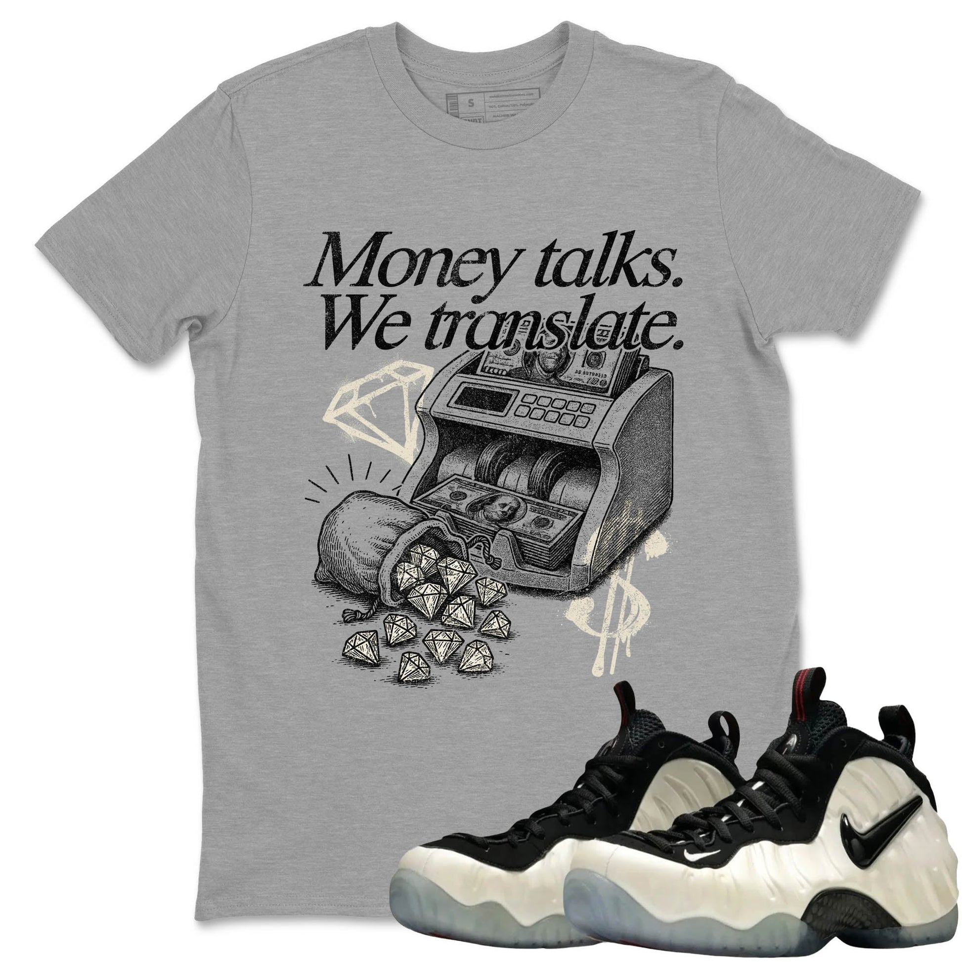 Sneaker Threads – Sneaker Tees To Match Air Foamposite One Pearl – Money Talks We Translate Graphic Tee Heather Grey 1. Perfect for Jordan releases 2025 colorways.