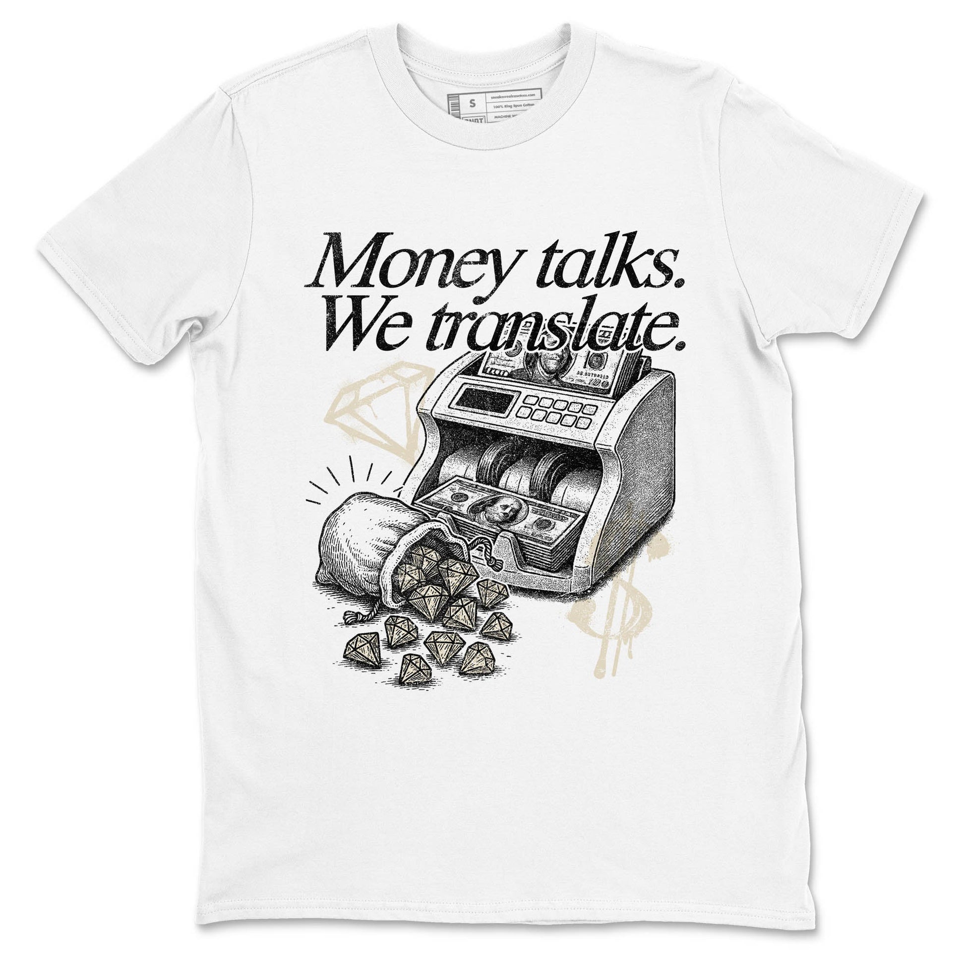 Sneaker Threads – Sneaker Tees To Match Air Foamposite One Pearl – Money Talks We Translate Graphic Tee White 2. Perfect for Jordan releases 2025 colorways.