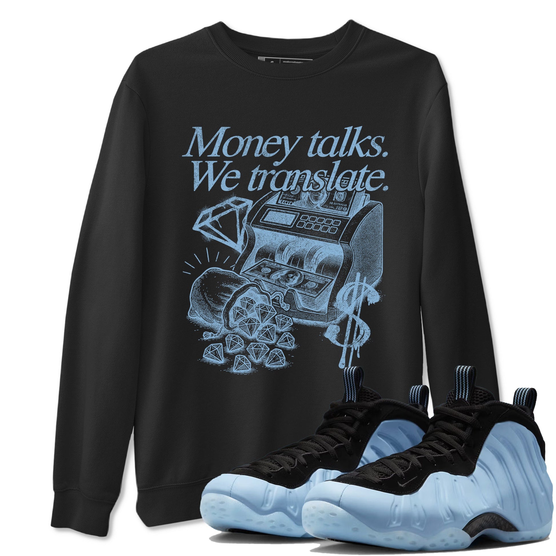 Money Talks We Translate sneaker match t-shirt styled to complete your fit with the Air Foamposite One Psychic Blue sneakers, shown in Black 1.