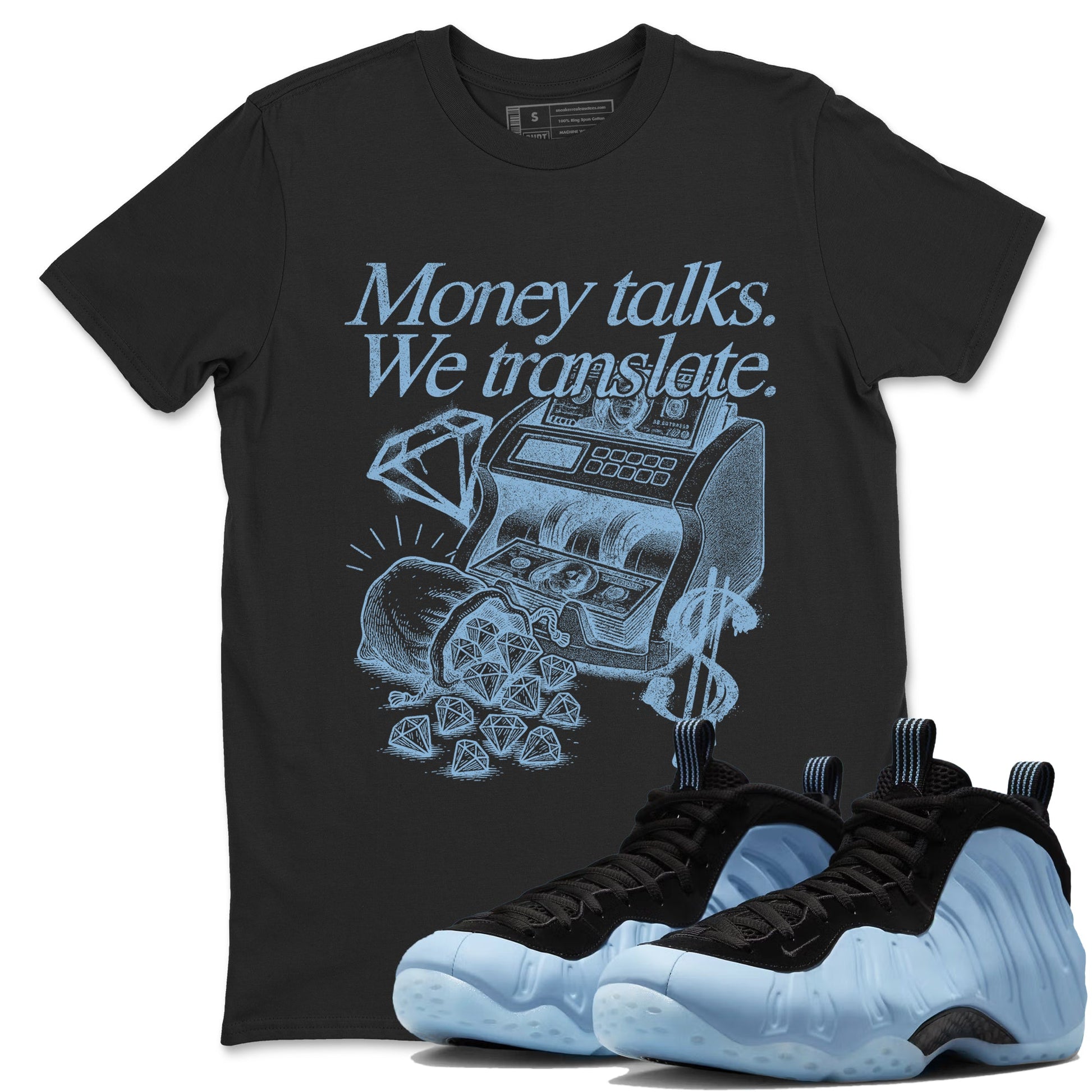 Money Talks We Translate sneaker match t-shirt styled to complete your fit with the Air Foamposite One Psychic Blue sneakers, shown in Black 1.