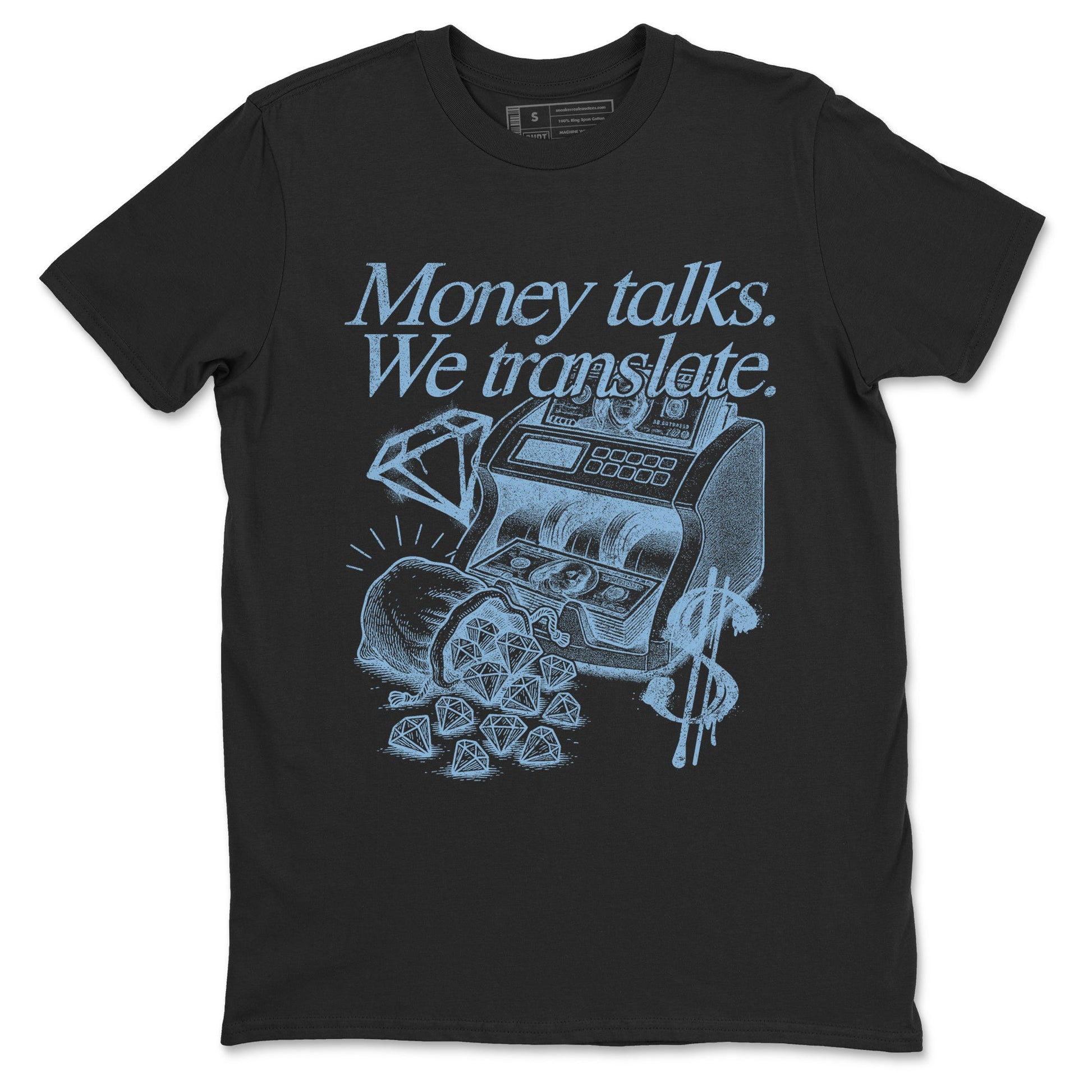 Money Talks We Translate sneaker match t-shirt styled to complete your fit with the Air Foamposite One Psychic Blue sneakers, shown in Black 2.