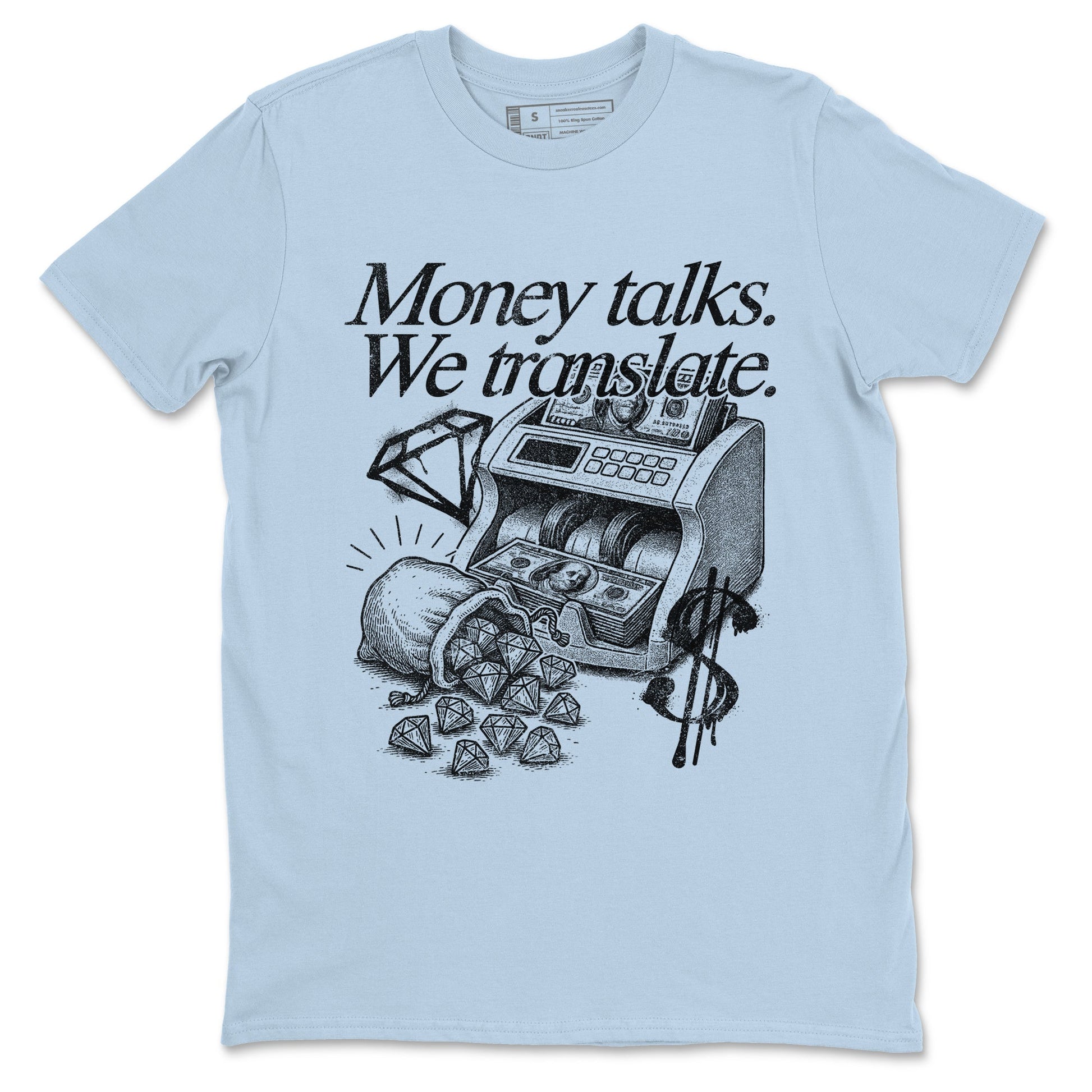 Money Talks We Translate sneaker match t-shirt styled to complete your fit with the Air Foamposite One Psychic Blue sneakers, shown in Light Blue 2.