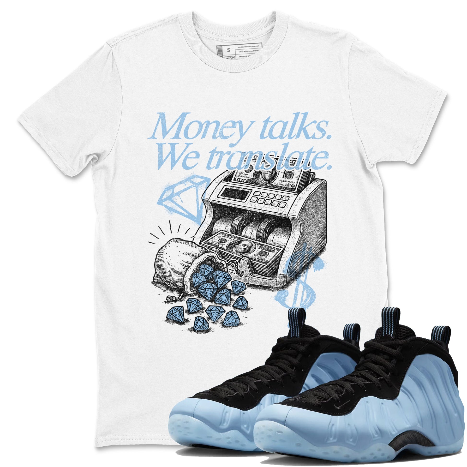 Money Talks We Translate sneaker match t-shirt styled to complete your fit with the Air Foamposite One Psychic Blue sneakers, shown in White 1.