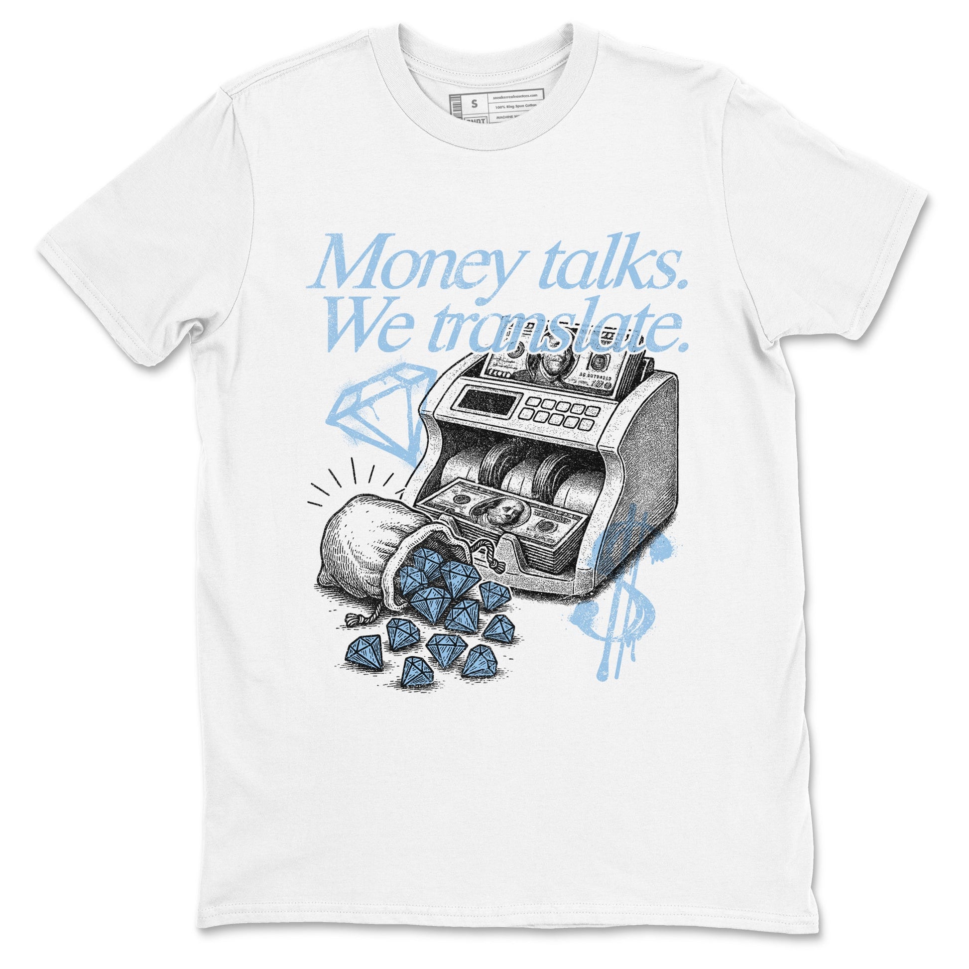 Money Talks We Translate sneaker match t-shirt styled to complete your fit with the Air Foamposite One Psychic Blue sneakers, shown in White 2.