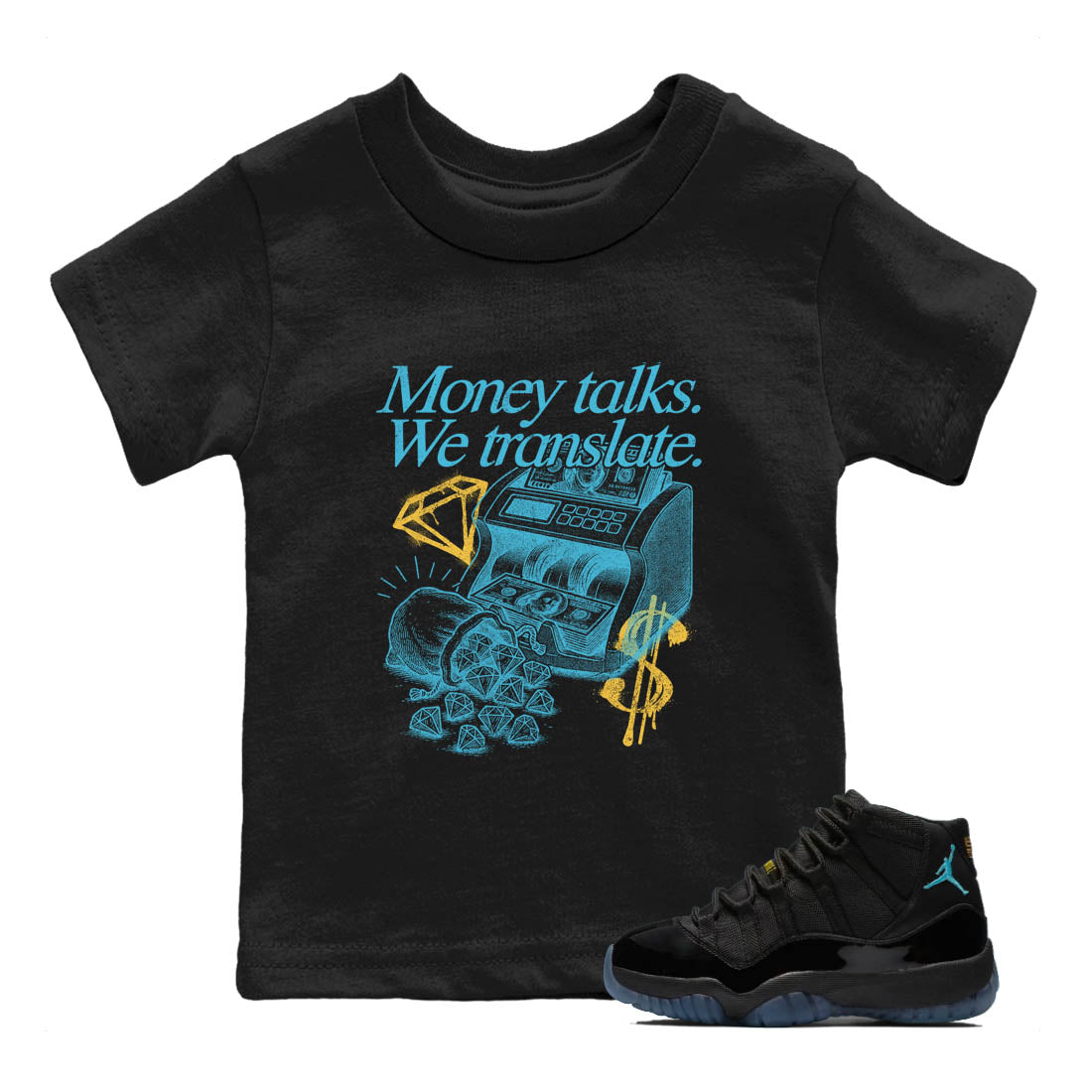 Sneaker Threads – Sneaker Tees To Match Air Jordan 11 Retro Gamma – Money Talks We Translate Youth Graphic Tee Black 1. Perfect for Jordan releases 2025 colorways.