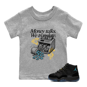 Sneaker Threads – Sneaker Tees To Match Air Jordan 11 Retro Gamma – Money Talks We Translate Youth Graphic Tee Heather Grey 1. Perfect for Jordan releases 2025 colorways.