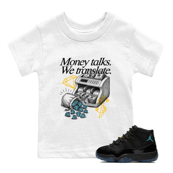 Sneaker Threads – Sneaker Tees To Match Air Jordan 11 Retro Gamma – Money Talks We Translate Youth Graphic Tee White 1. Perfect for Jordan releases 2025 colorways.