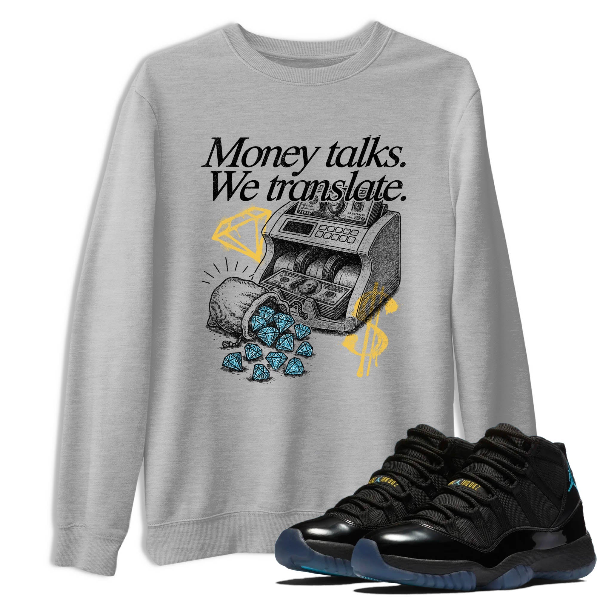Sneaker Threads – Sneaker Tees To Match Air Jordan 11 Retro Gamma – Money Talks We Translate Graphic Tee Heather Grey 1. Perfect for Jordan releases 2025 colorways.