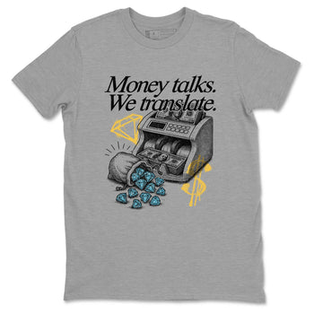Sneaker Threads – Sneaker Tees To Match Air Jordan 11 Retro Gamma – Money Talks We Translate Graphic Tee Heather Grey 2. Perfect for Jordan releases 2025 colorways.