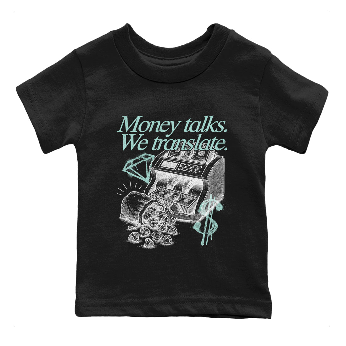 Money Talks We Translate baby and kids t-shirt crafted for little sneakerheads to shine with the Air Jordan 11 Igloo sneakers, displayed in Black 2.