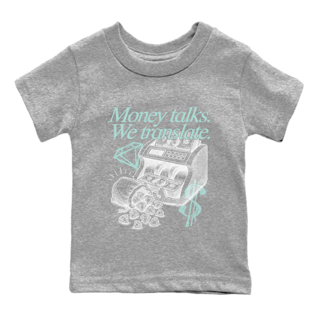 Money Talks We Translate baby and kids t-shirt crafted for little sneakerheads to shine with the Air Jordan 11 Igloo sneakers, displayed in Heather Grey 2.