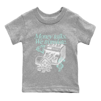 Money Talks We Translate baby and kids t-shirt crafted for little sneakerheads to shine with the Air Jordan 11 Igloo sneakers, displayed in Heather Grey 2.