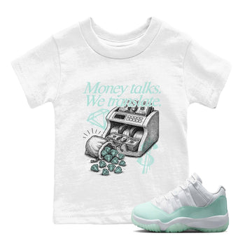 Money Talks We Translate baby and kids t-shirt crafted for little sneakerheads to shine with the Air Jordan 11 Igloo sneakers, displayed in White 1.