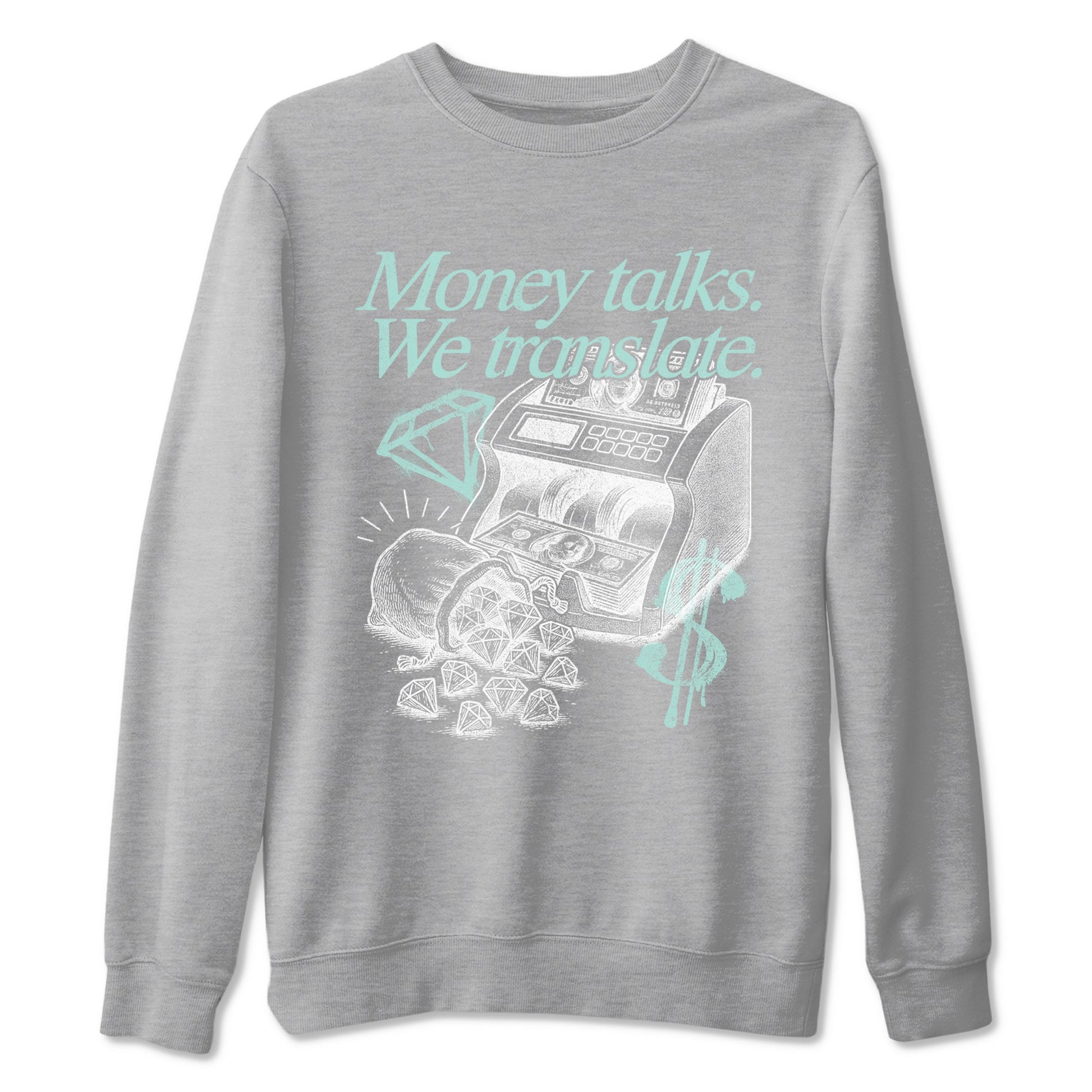 Money Talks We Translate sneaker match t-shirt styled to complete your fit with the Air Jordan 11 Igloo sneakers, shown in Heather Grey 2.
