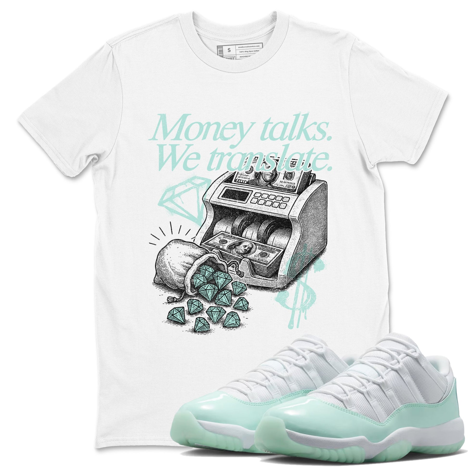 Money Talks We Translate sneaker match t-shirt styled to complete your fit with the Air Jordan 11 Igloo sneakers, shown in White 1.