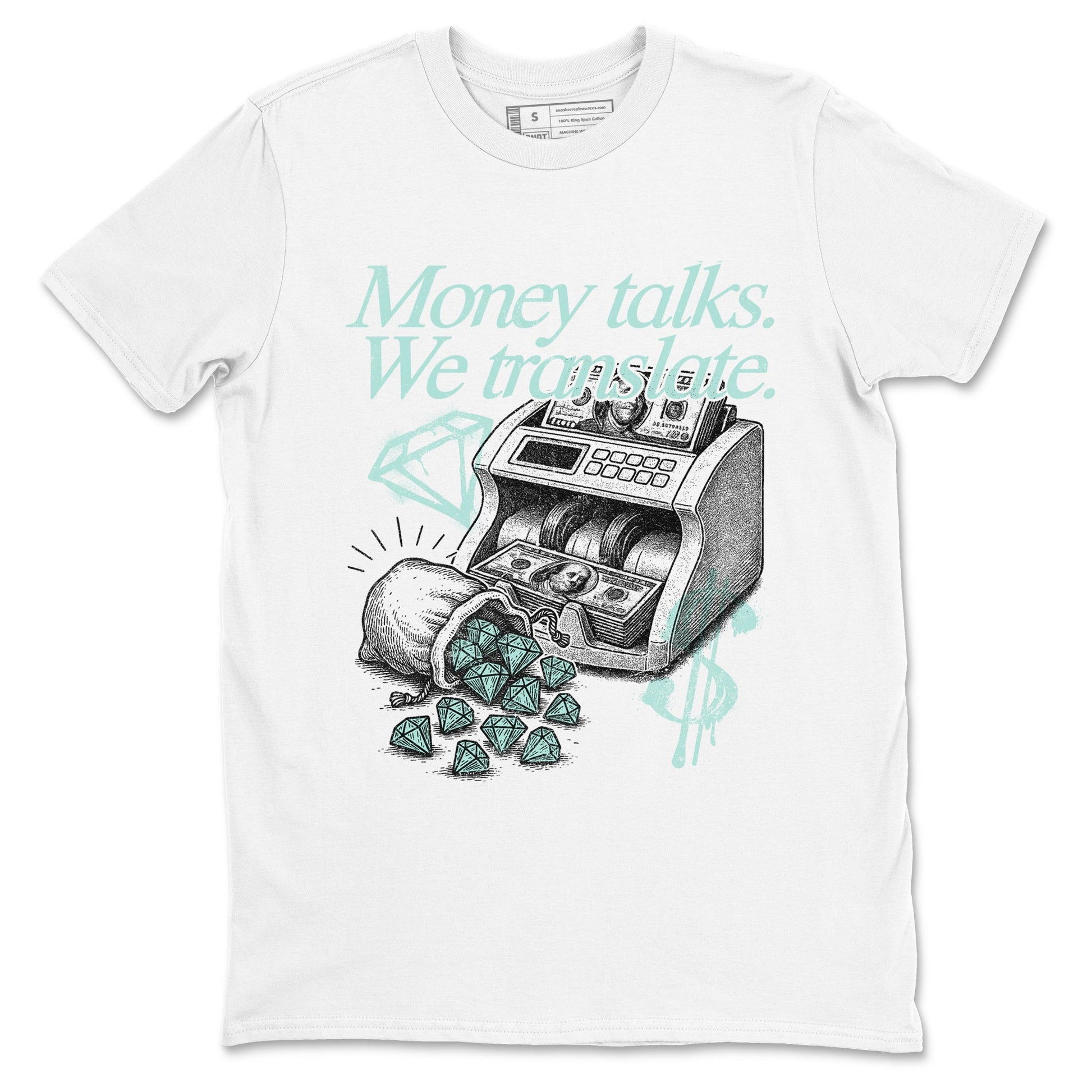 Money Talks We Translate sneaker match t-shirt styled to complete your fit with the Air Jordan 11 Igloo sneakers, shown in White 2.