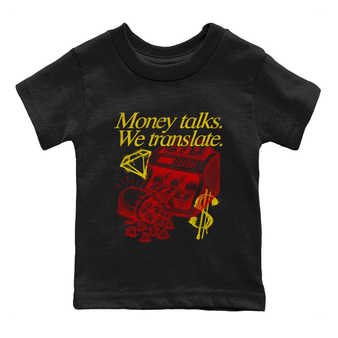 Money Talks We Translate baby and kids t-shirt crafted for little sneakerheads to shine with the Air Jordan 14 Challenge Red sneakers, AJ14 Ferrari,  displayed in Black 2.
