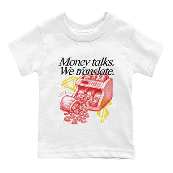 Money Talks We Translate baby and kids t-shirt crafted for little sneakerheads to shine with the Air Jordan 14 Challenge Red sneakers, AJ14 Ferrari,  displayed in White 2.