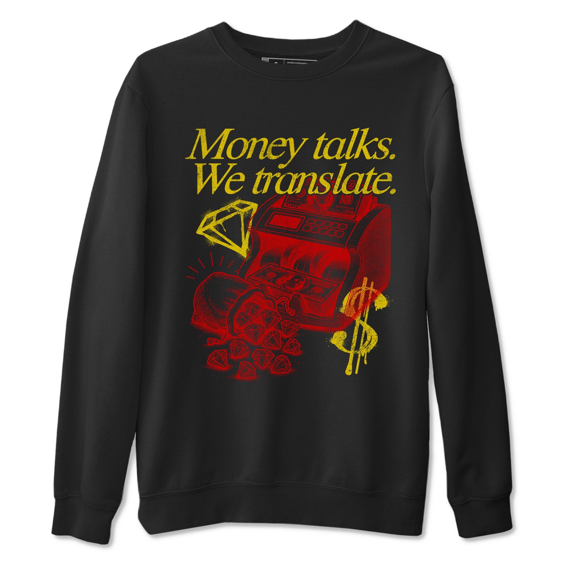 Money Talks We Translate sneaker match t-shirt styled to complete your fit with the Air Jordan 14 Challenge Red sneakers, AJ14 Ferrari,  shown in Black 2.