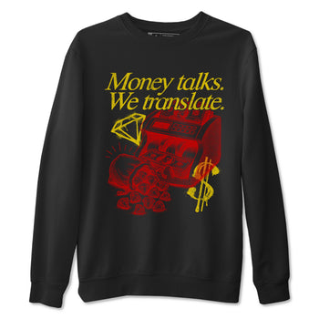 Money Talks We Translate sneaker match t-shirt styled to complete your fit with the Air Jordan 14 Challenge Red sneakers, AJ14 Ferrari,  shown in Black 2.