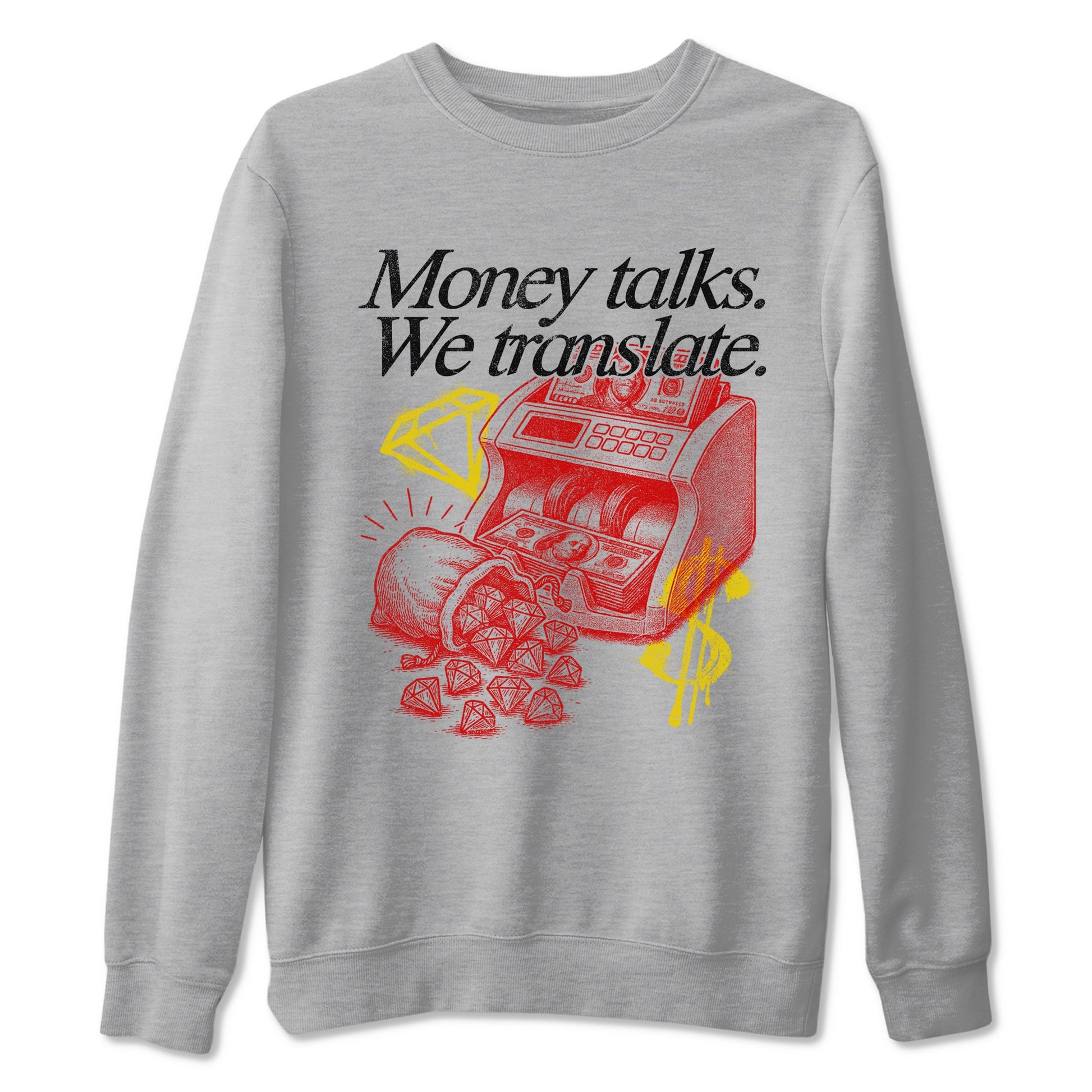 Money Talks We Translate sneaker match t-shirt styled to complete your fit with the Air Jordan 14 Challenge Red sneakers, AJ14 Ferrari,  shown in Heather Grey 2.