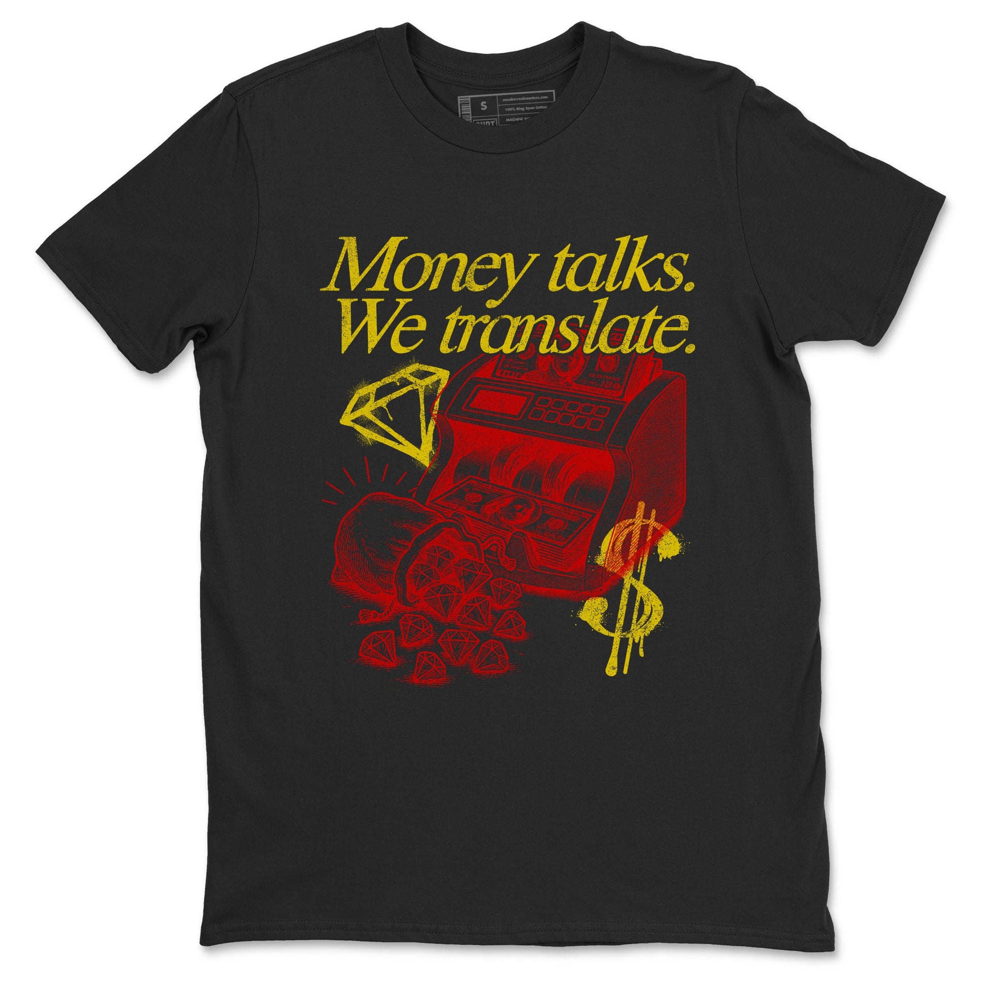 Money Talks We Translate sneaker match t-shirt styled to complete your fit with the Air Jordan 14 Challenge Red sneakers, AJ14 Ferrari,  shown in Black 2.