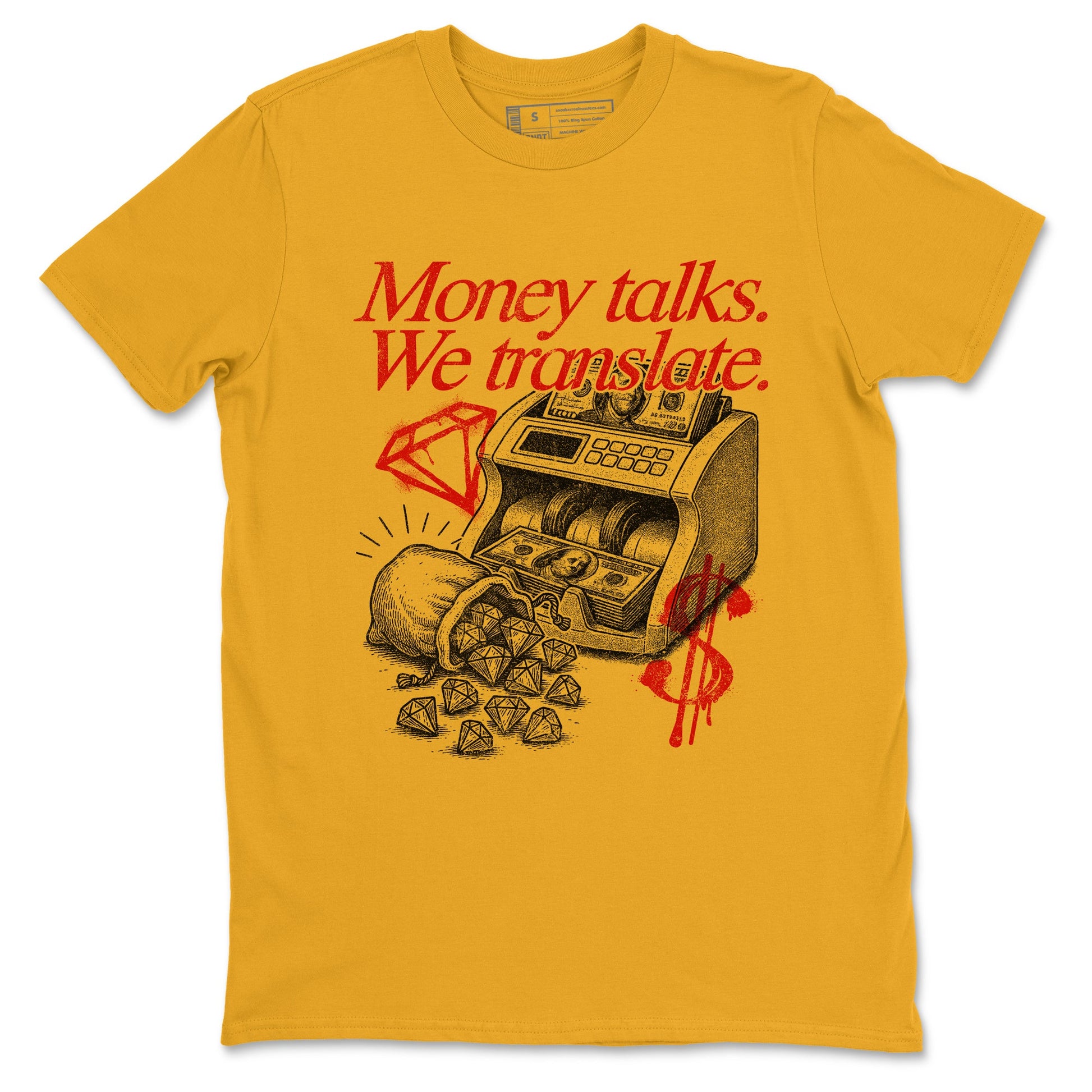 Money Talks We Translate sneaker match t-shirt styled to complete your fit with the Air Jordan 14 Challenge Red sneakers, AJ14 Ferrari,  shown in Gold 2.