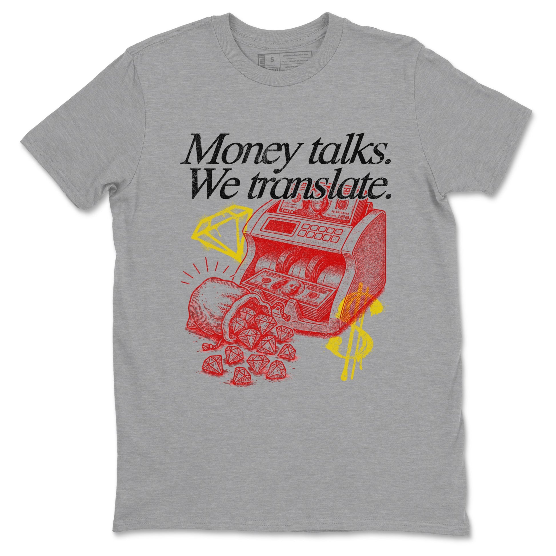 Money Talks We Translate sneaker match t-shirt styled to complete your fit with the Air Jordan 14 Challenge Red sneakers, AJ14 Ferrari,  shown in Heather Grey 2.