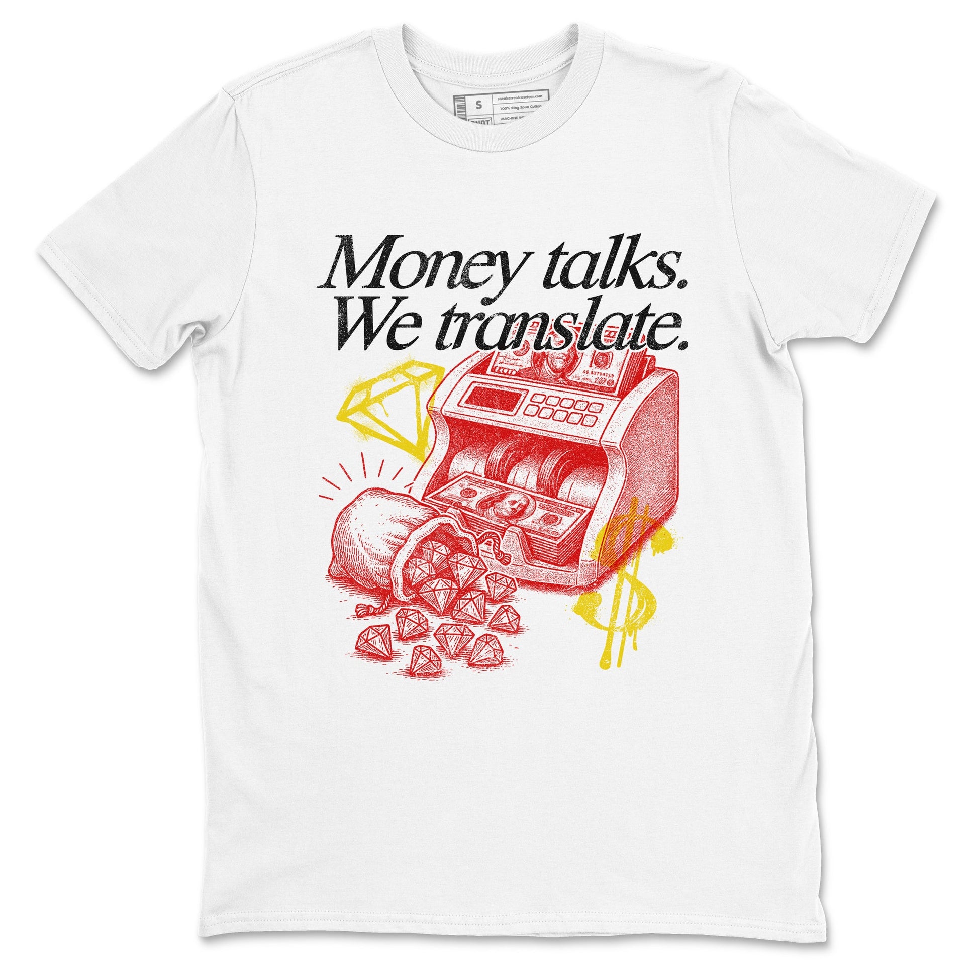 Money Talks We Translate sneaker match t-shirt styled to complete your fit with the Air Jordan 14 Challenge Red sneakers, AJ14 Ferrari,  shown in White 2.
