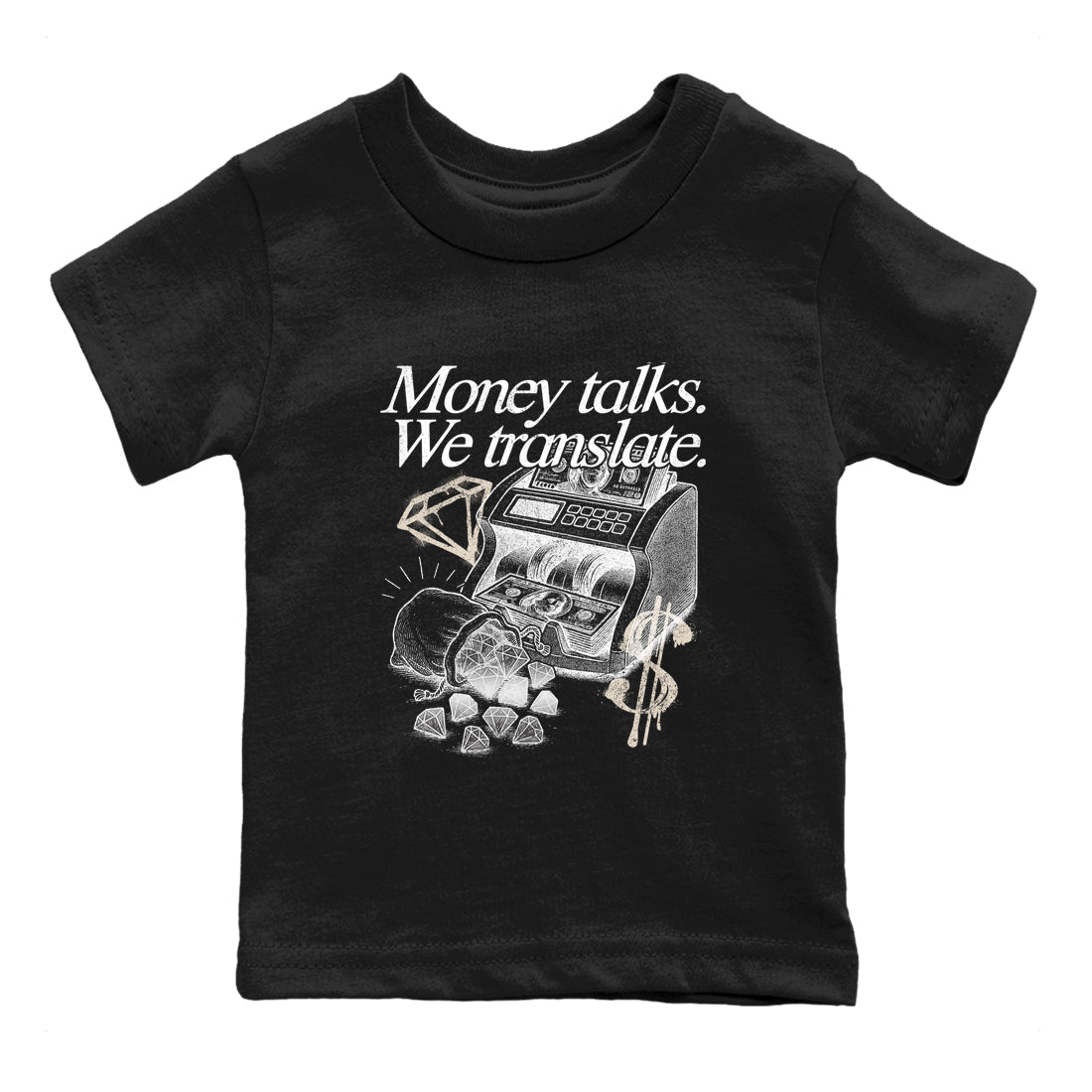 Money Talks We Translate baby and kids t-shirt crafted for little sneakerheads to shine with the Air Jordan 3 Pure Money sneakers, displayed in Black 2.