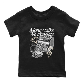 Money Talks We Translate baby and kids t-shirt crafted for little sneakerheads to shine with the Air Jordan 3 Pure Money sneakers, displayed in Black 2.