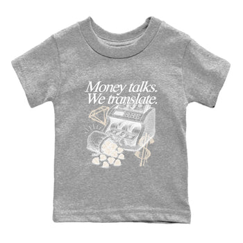Money Talks We Translate baby and kids t-shirt crafted for little sneakerheads to shine with the Air Jordan 3 Pure Money sneakers, displayed in Heather Grey 2.