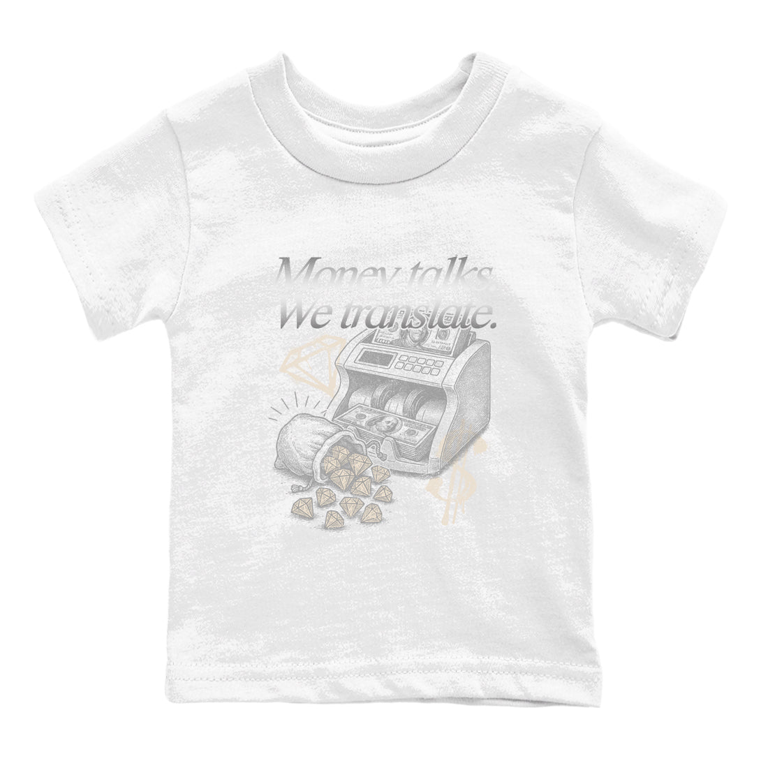 Money Talks We Translate baby and kids t-shirt crafted for little sneakerheads to shine with the Air Jordan 3 Pure Money sneakers, displayed in White 2.