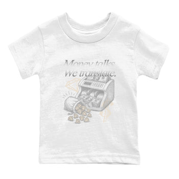 Money Talks We Translate baby and kids t-shirt crafted for little sneakerheads to shine with the Air Jordan 3 Pure Money sneakers, displayed in White 2.