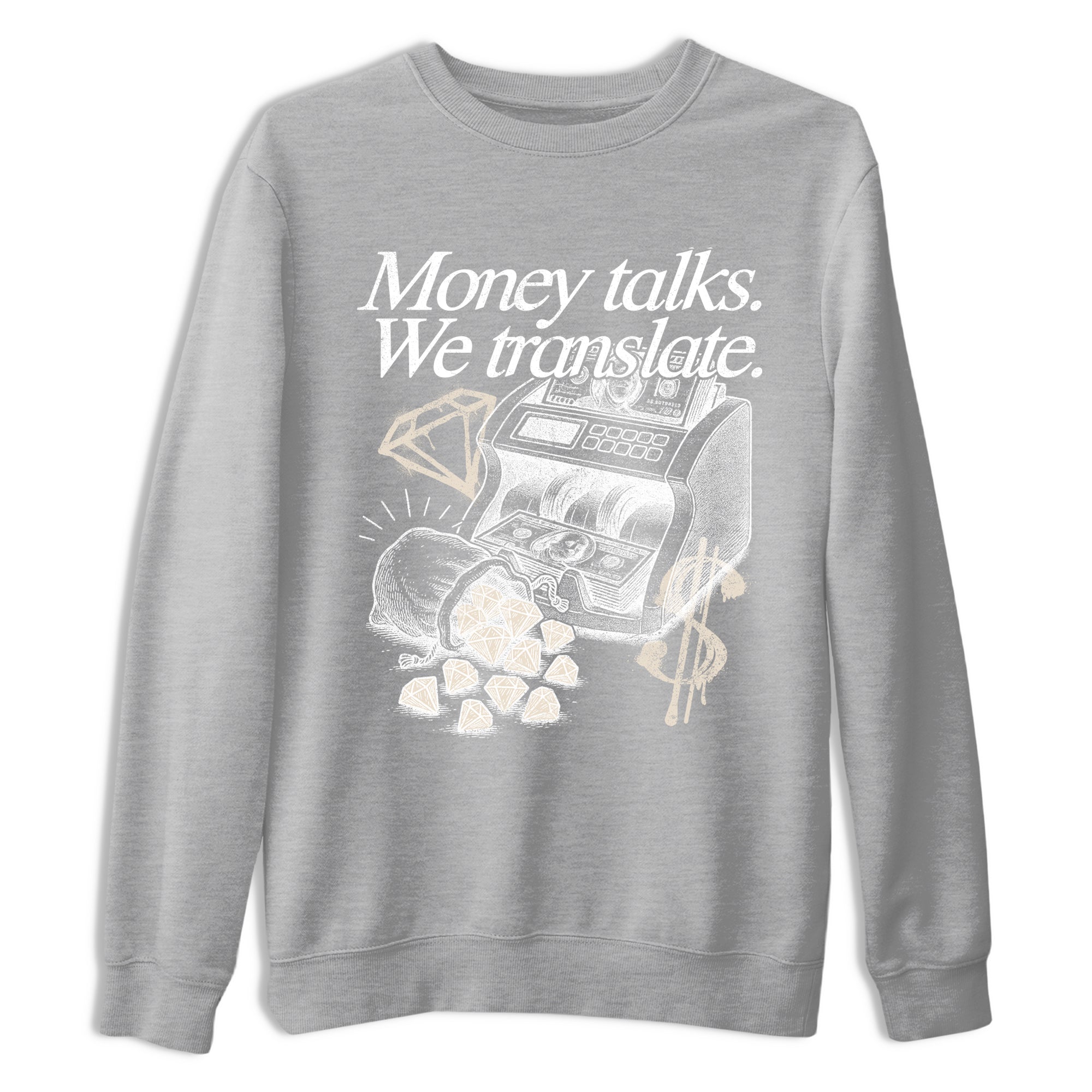 Money Talks We Translate sneaker match t-shirt styled to complete your fit with the Air Jordan 3 Pure Money sneakers, shown in Heather Grey 2.