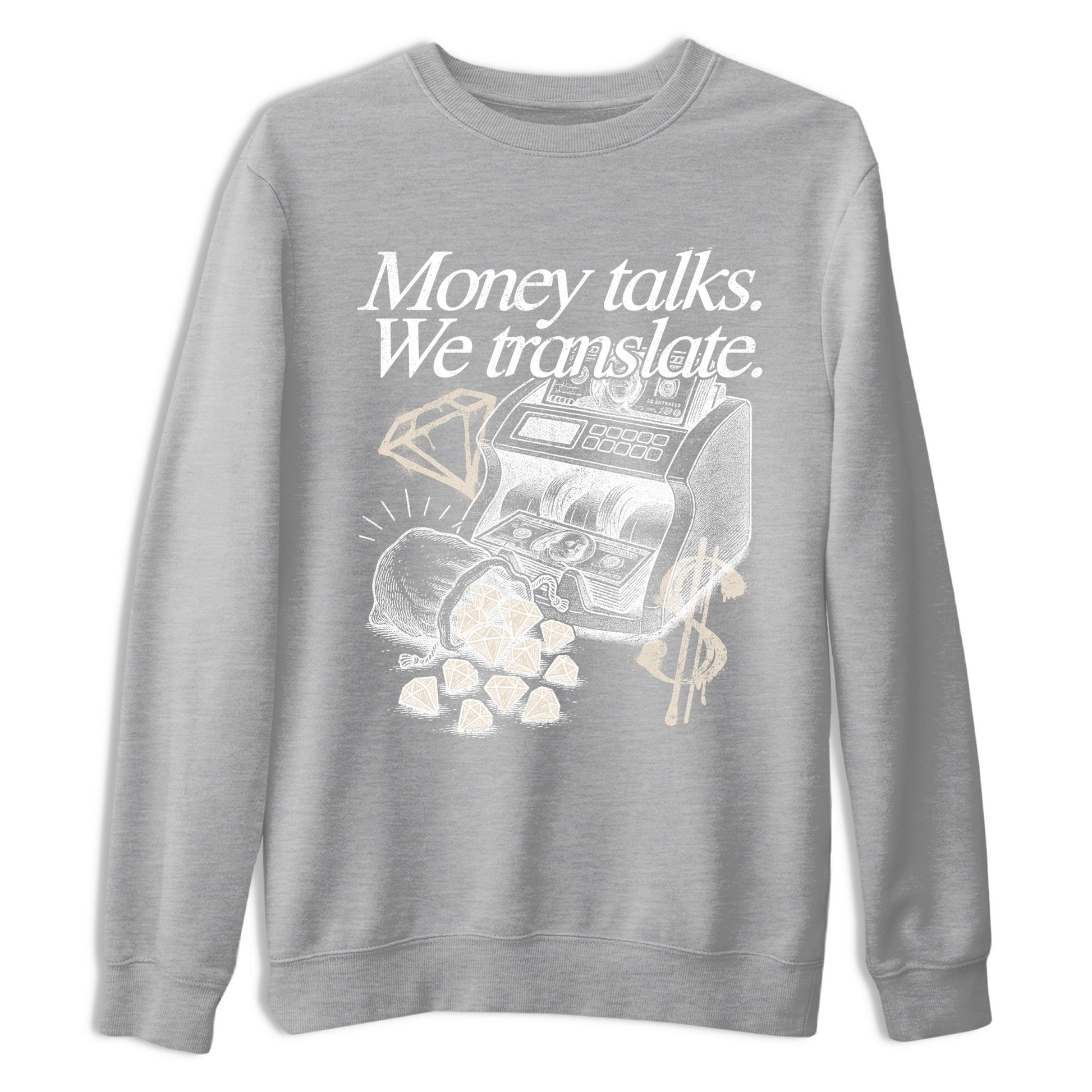 Money Talks We Translate sneaker match t-shirt styled to complete your fit with the Air Jordan 3 Pure Money sneakers, shown in Heather Grey 2.