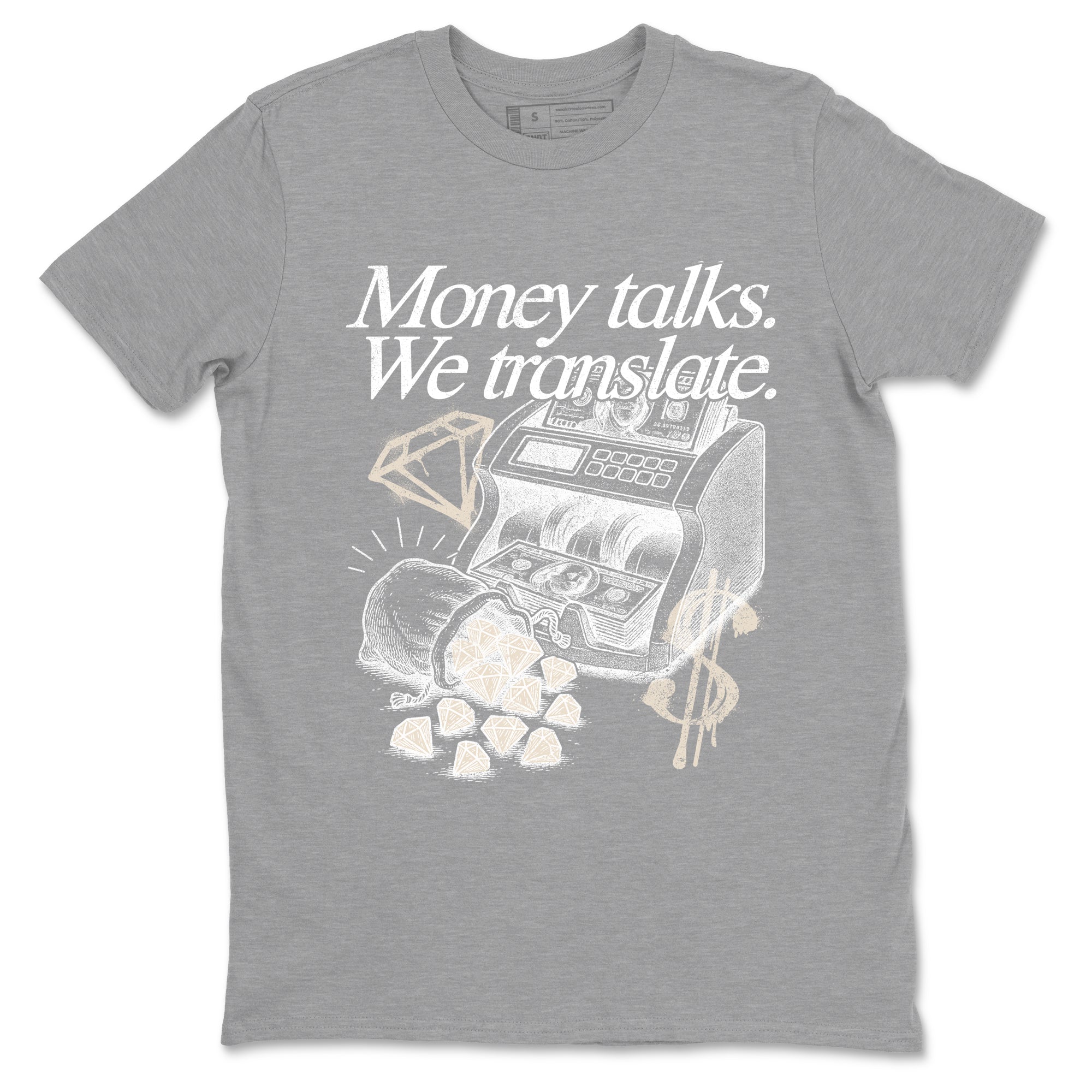 Money Talks We Translate sneaker match t-shirt styled to complete your fit with the Air Jordan 3 Pure Money sneakers, shown in Heather Grey 2.
