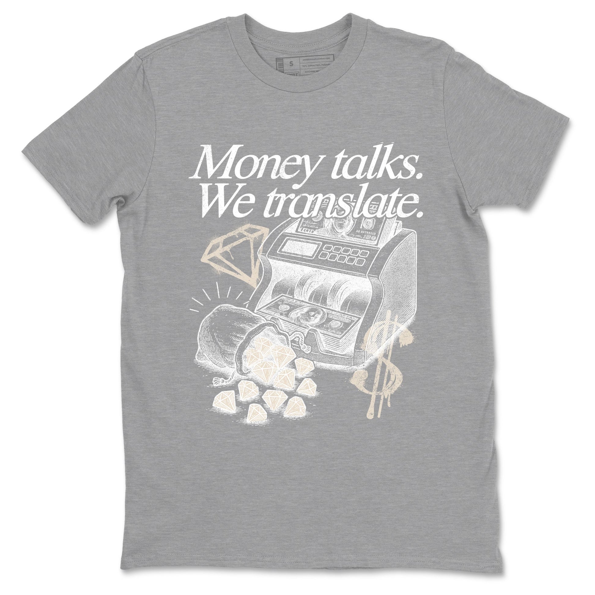 Money Talks We Translate sneaker match t-shirt styled to complete your fit with the Air Jordan 3 Pure Money sneakers, shown in Heather Grey 2.