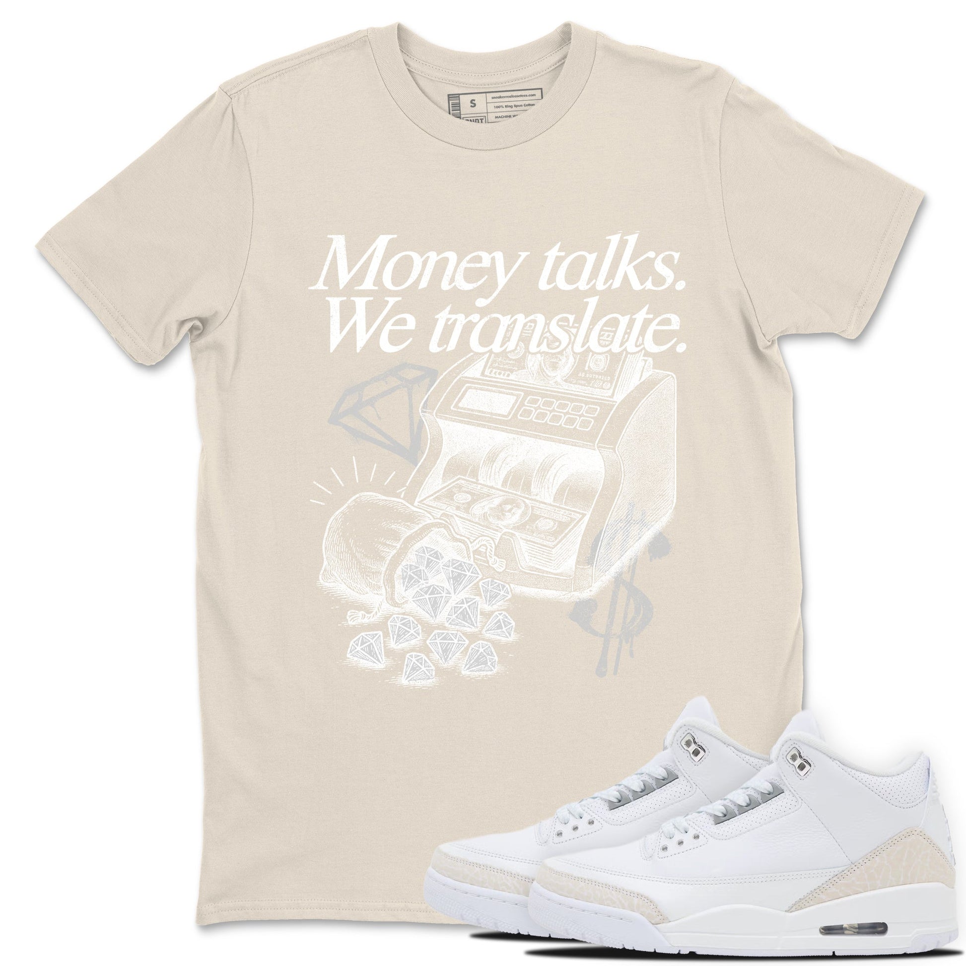 Money Talks We Translate sneaker match t-shirt styled to complete your fit with the Air Jordan 3 Pure Money sneakers, shown in Natural 1.